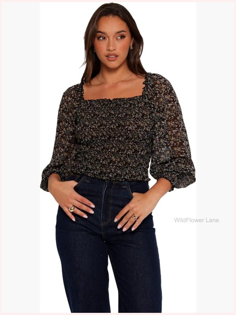 Sheer Long Sleeve Blouson Top with Square Neckline